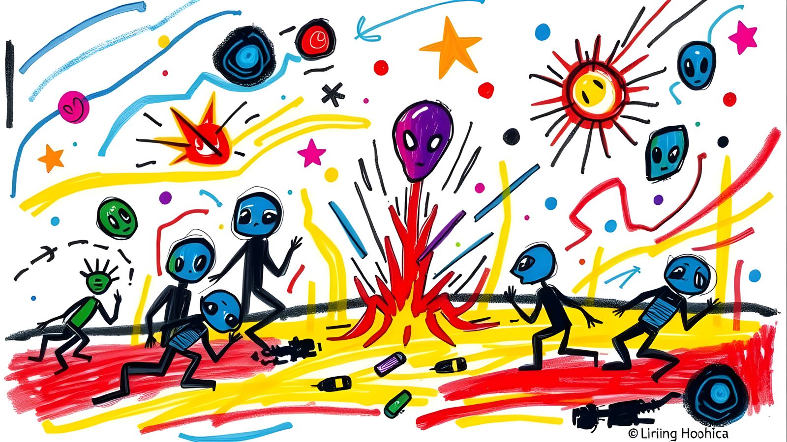 Child's Crayon Drawing of an Alien Invasion