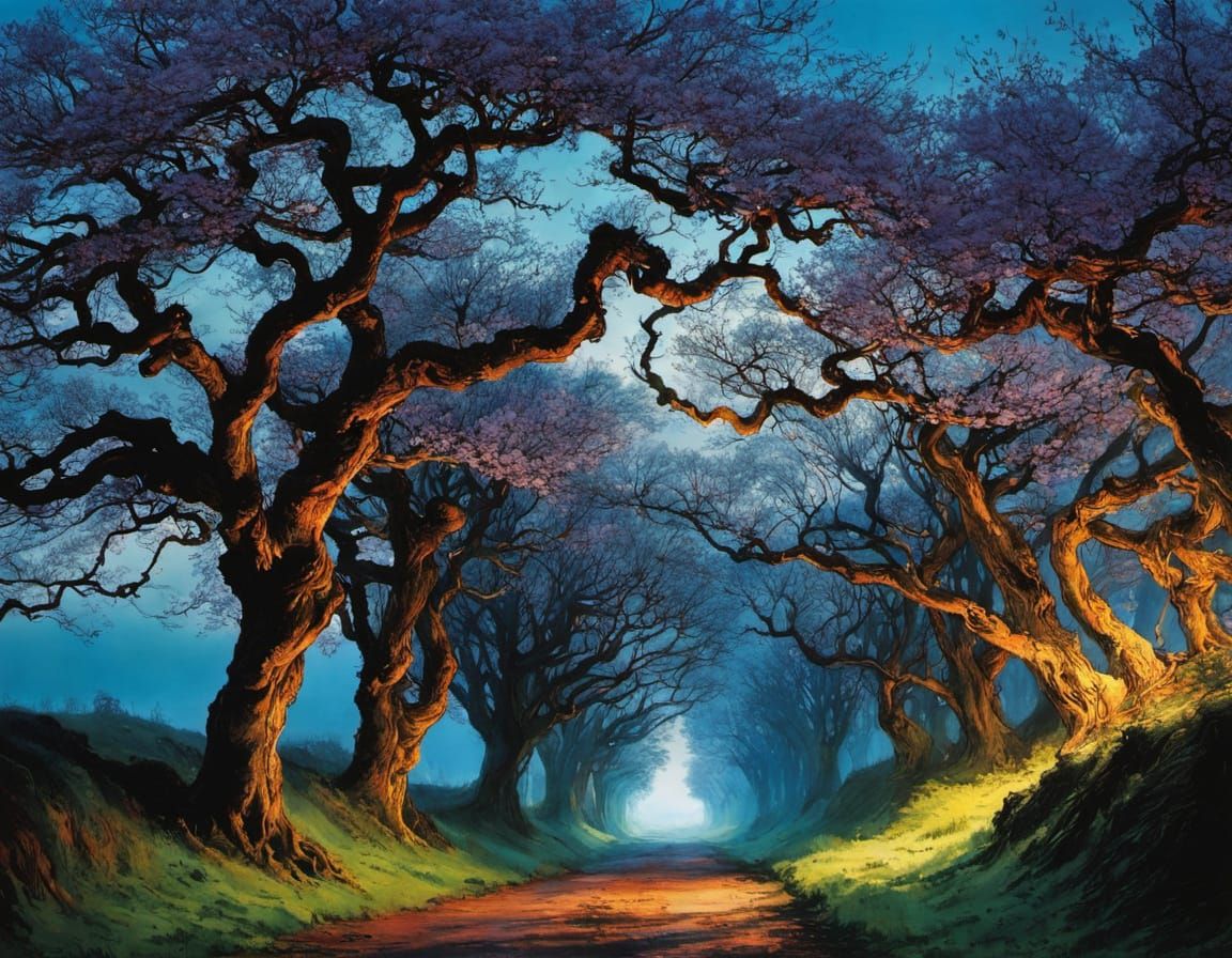 Ethereal Cherry Blossom Avenue at Dusk