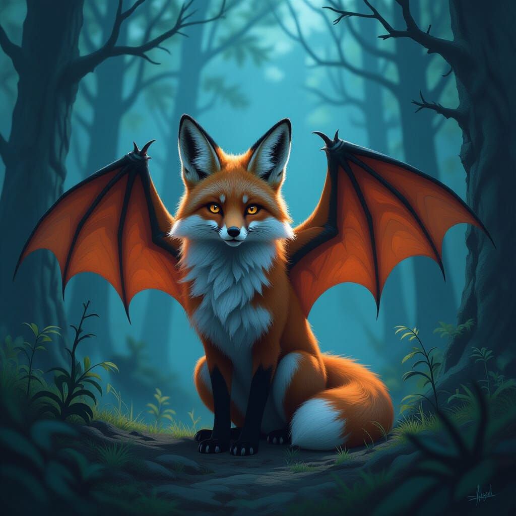 Mystical Foxbat Creature in Dark Forest, Digital Painting