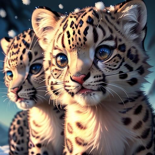 Cute Snow Leopard Cubs in Botero Style