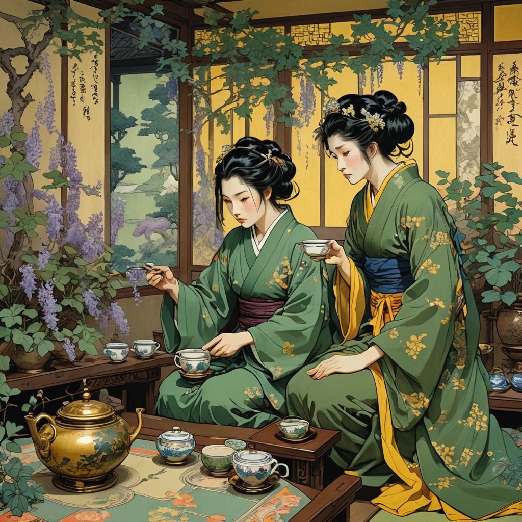 Samurai Women Enjoying Tea Ceremony, Art Deco Style