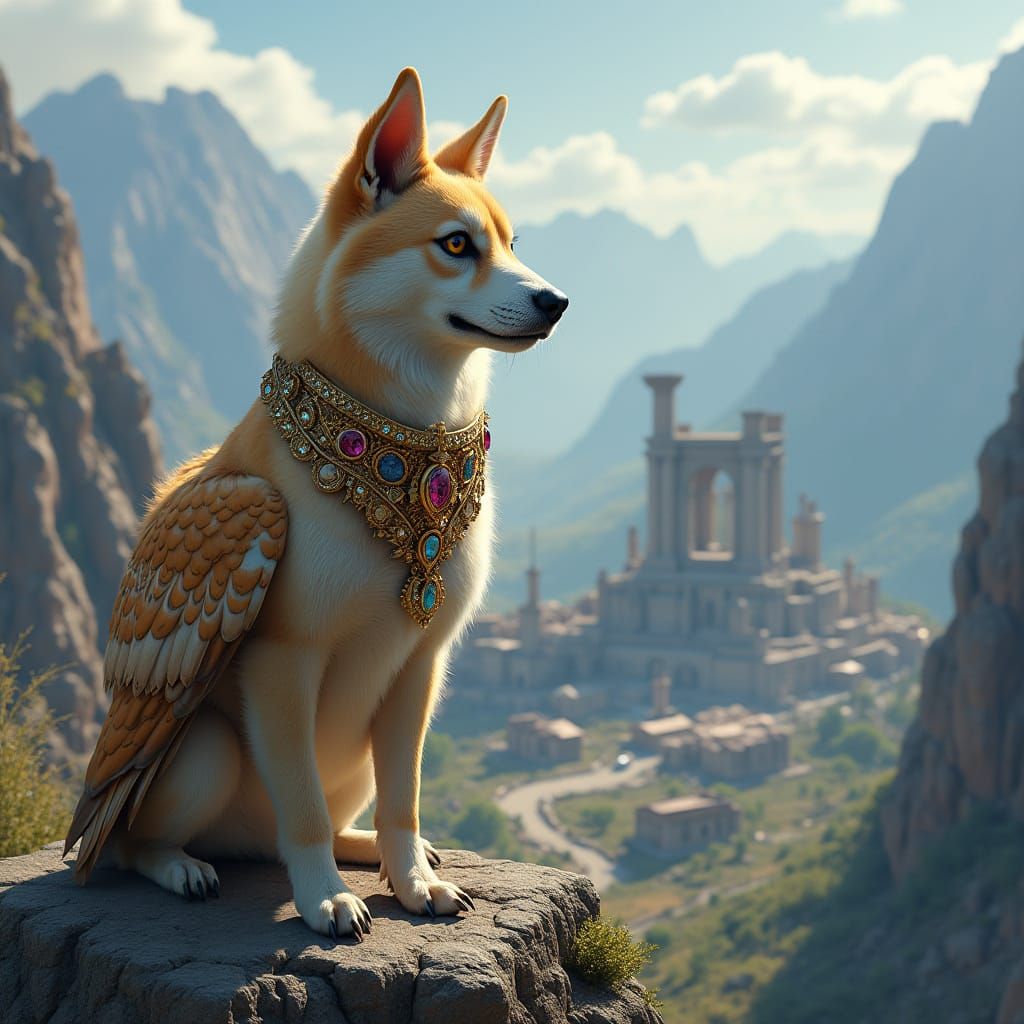 Dog-Owl Hybrid Overlooking Ancient City Ruins