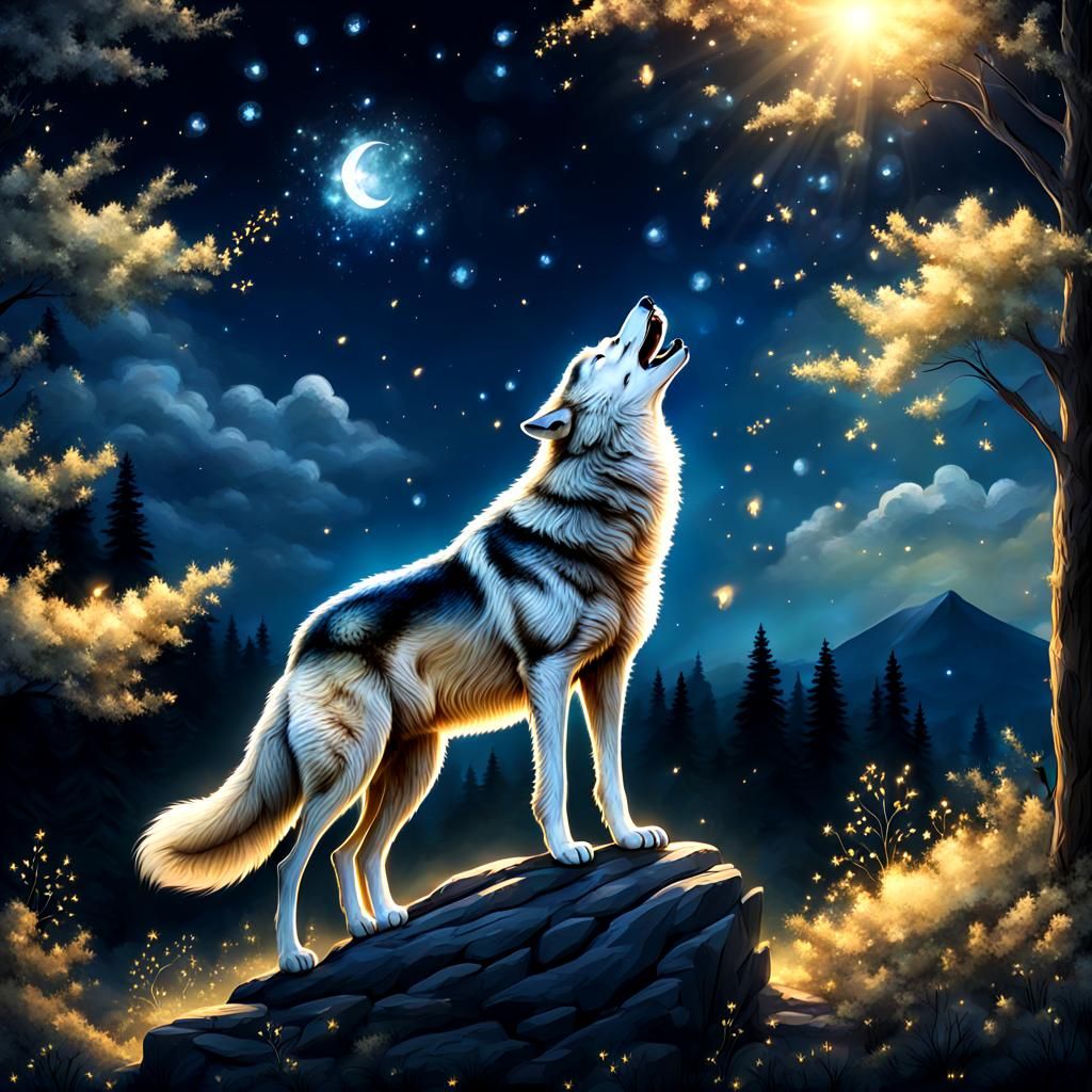 Gentle Wolf Howling Under a Bright Night Sky