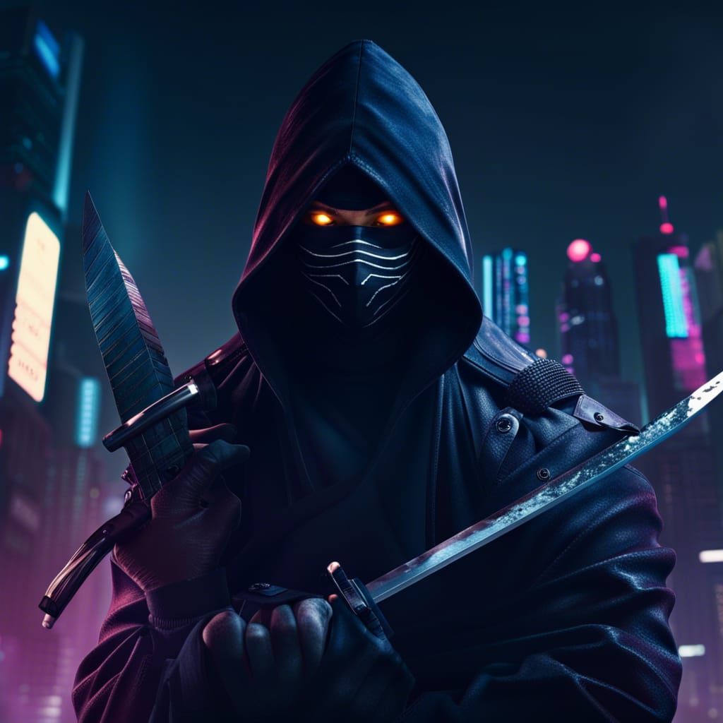 Dark Ninja with Sword in Cyberpunk City