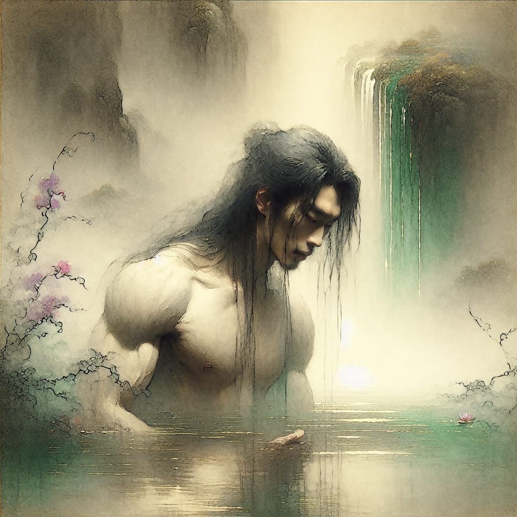 Serene Asian Man in Dreamscape, Ukiyo-e Style