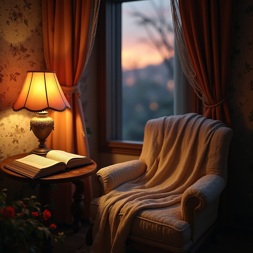 Cozy Reading Nook at Dusk in a Rustic Venetian Setting