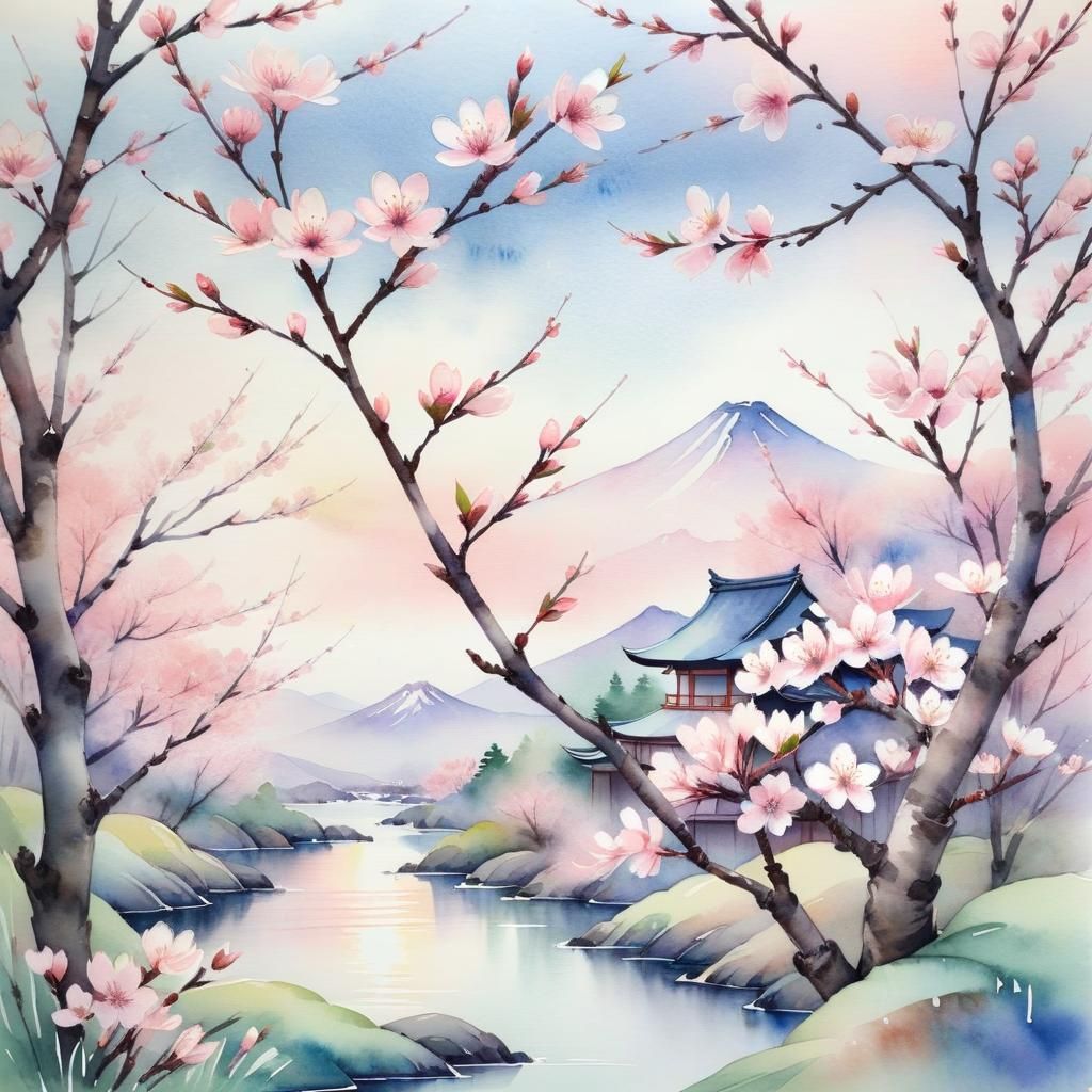 Delicate Cherry Blossoms in Japanese Watercolour