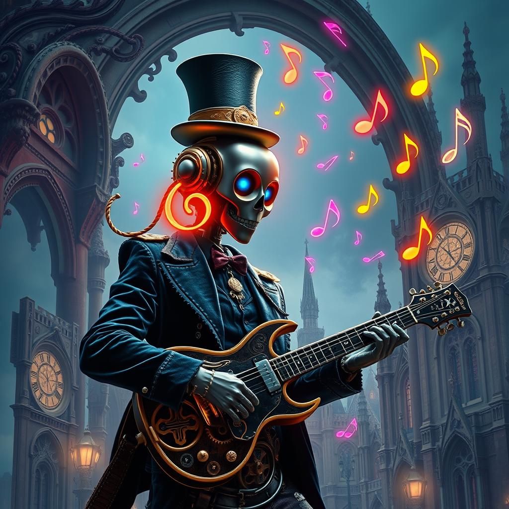 Biopunk Robot Plays Guitar in Gothic Cityscape