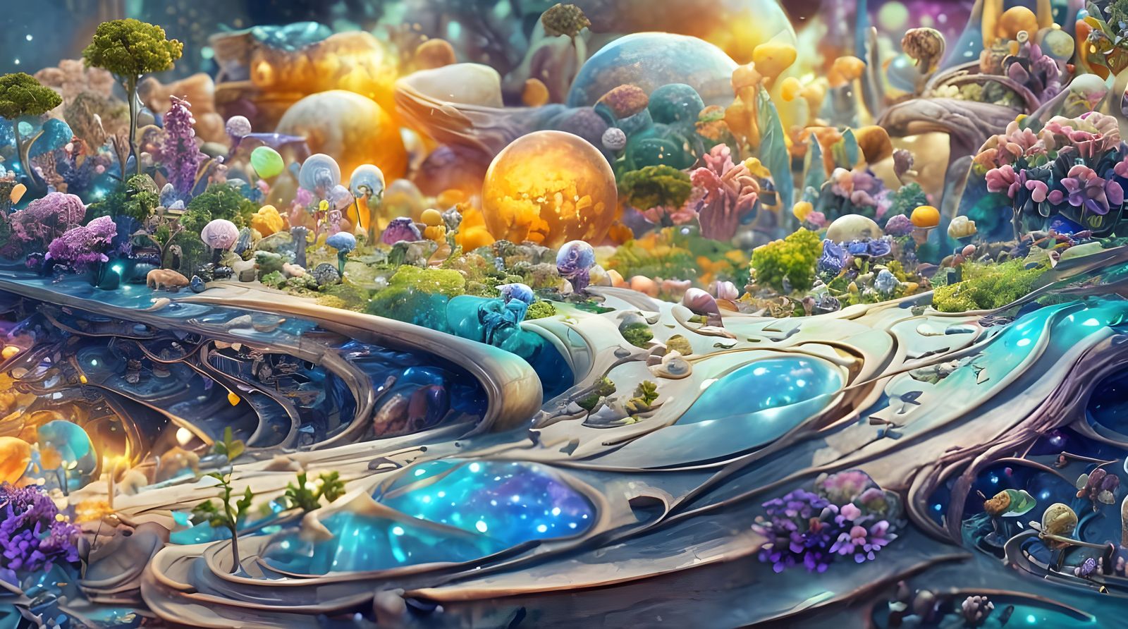 Iridescent Futuristic Zen Garden with Celestial Landscapes