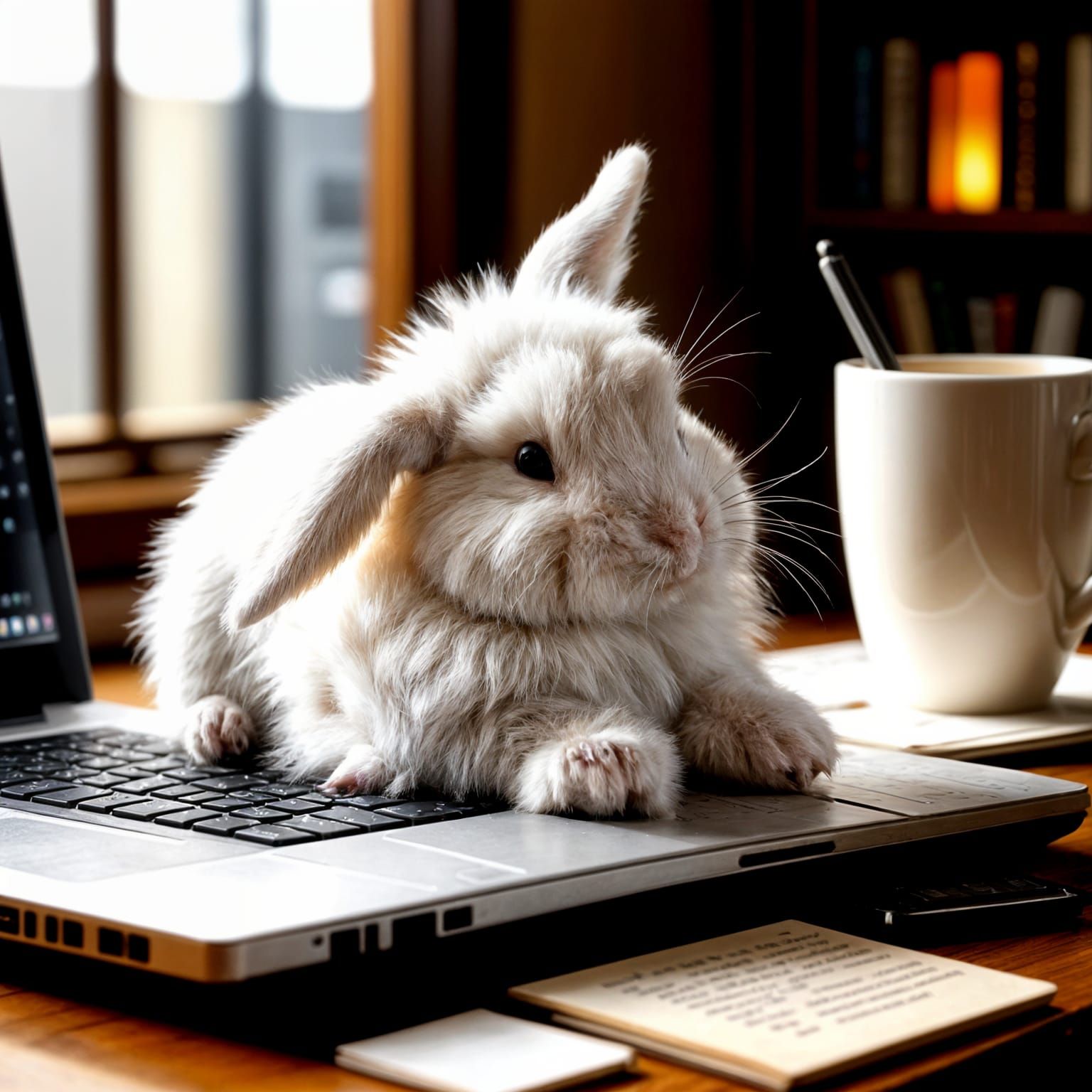 Fluffy Baby Rabbit Sleeps on Laptop Keyboard