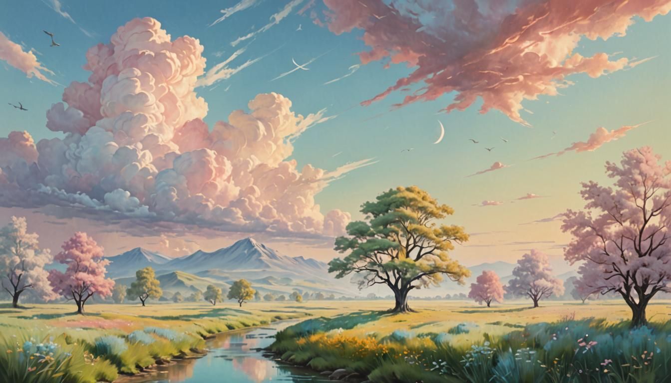 Serene Being in Peaceful Landscape: Surreal Oil Painting