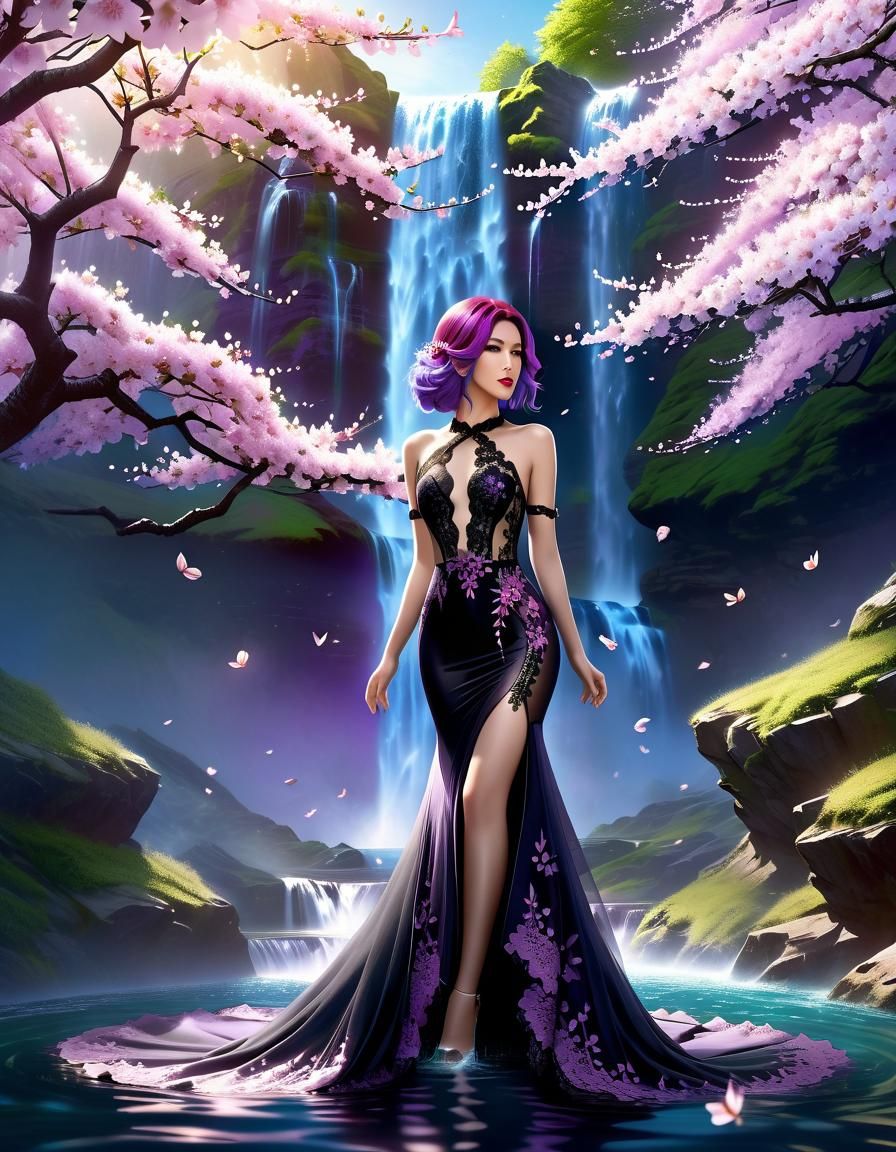 Woman with Purple Hair in Cherry Blossom Spring