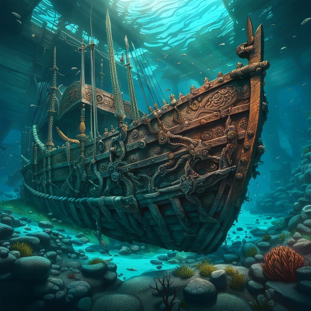 Underwater Viking Shipwreck: Detailed Ink Drawing