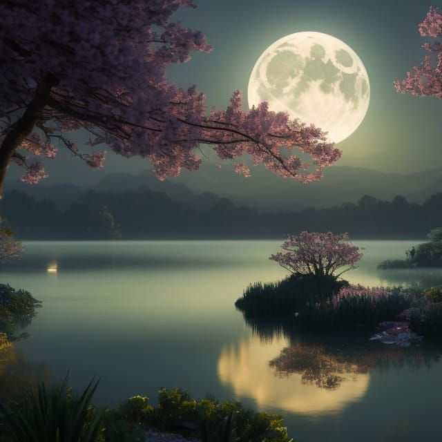 Moonlight scene in lovely garden