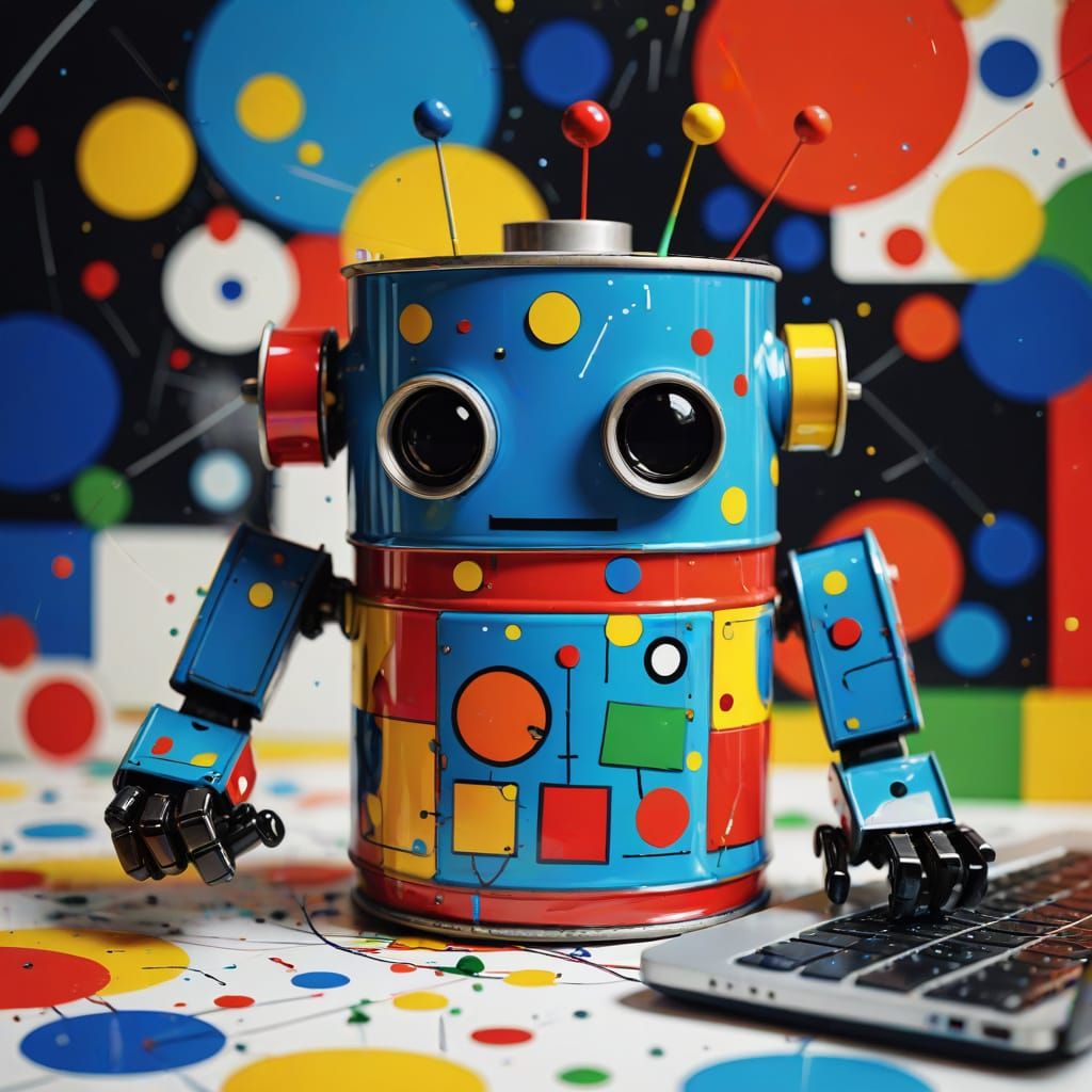 Whimsical Tin Can Robot in a Digital Wonderland