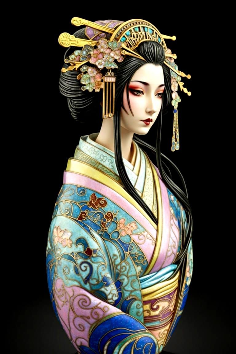 Art Nouveau Figurine of Japanese Woman in Enamel