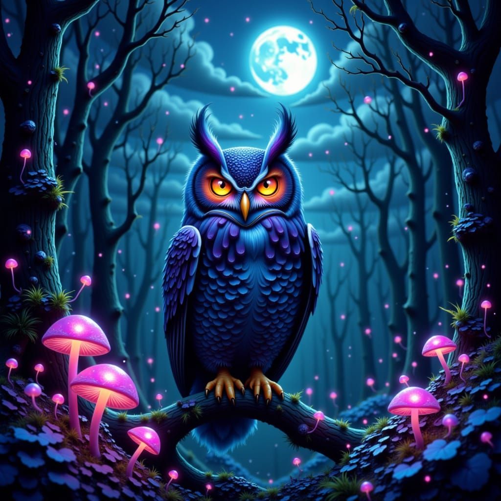 Wise Owl in Bioluminescent Forest: Digital Art