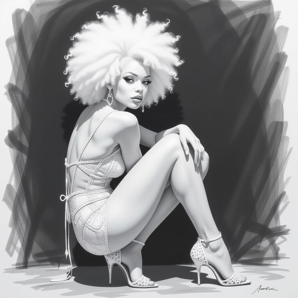 Albino Woman in White Heels: Charcoal Drawing