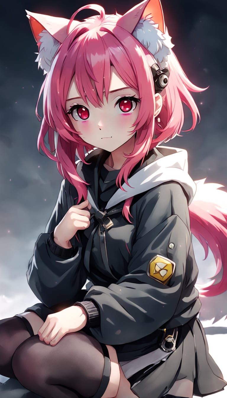 Anime Girl with Red Eyes and Pink Hair in Kawaii Style