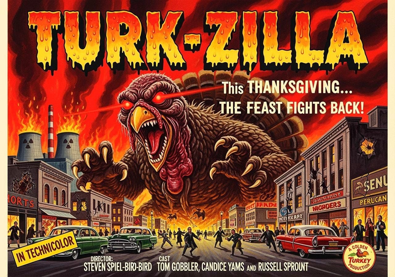 Giant Mutant Turkey Monster Attacks City in B-Movie Poster S...