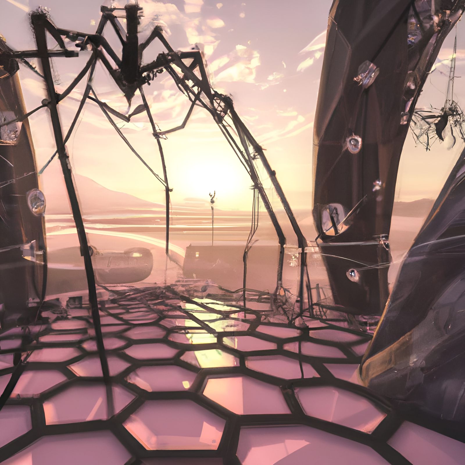 Steampunk Spider King in Metallic Maze at Dawn