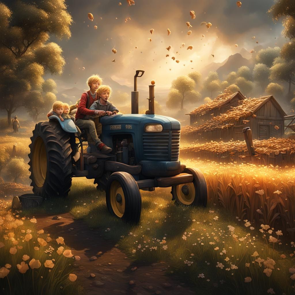 Tractor Transporting Children: Detailed Matte Painting