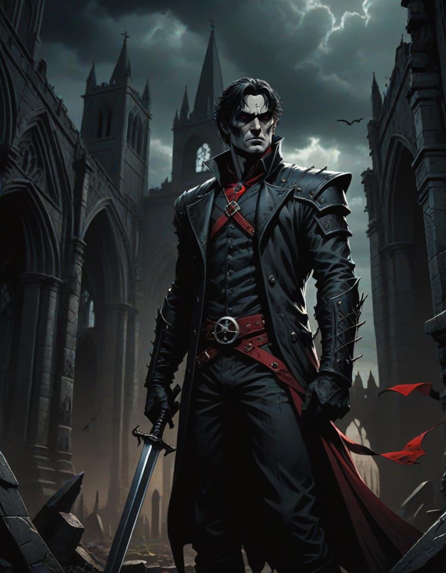 Brooding Vampire Hunter Dominates Dark Gothic Landscape