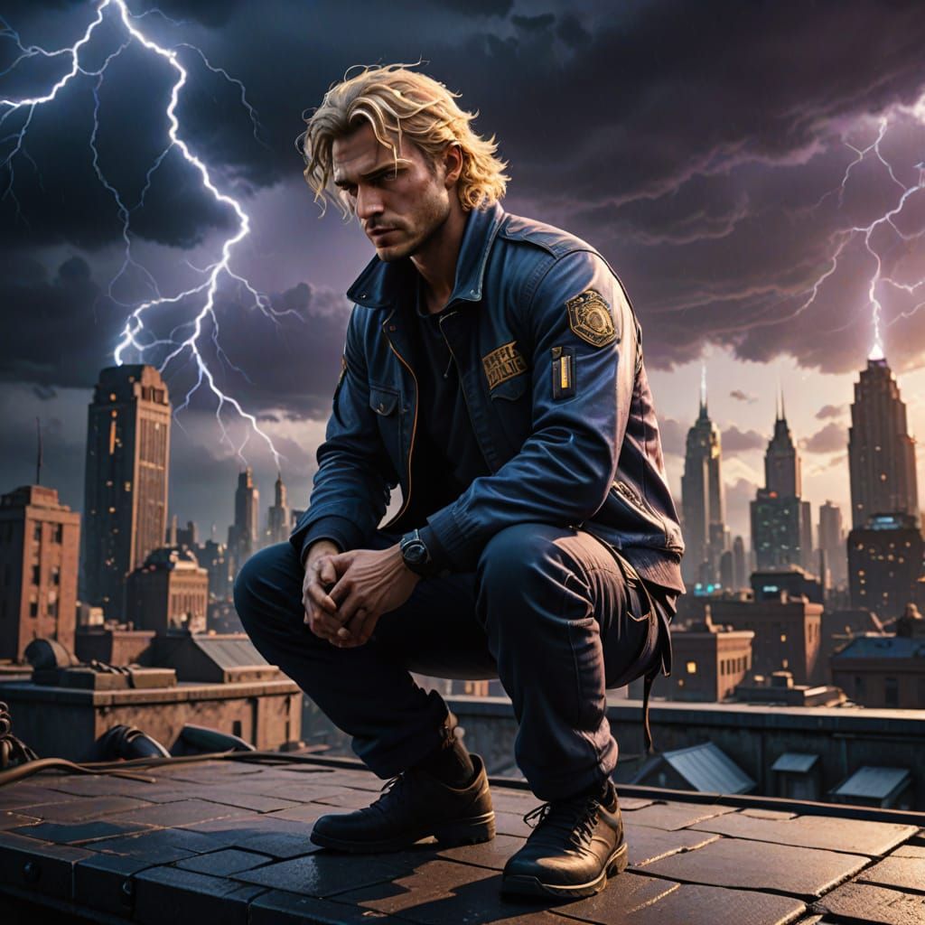 Crouched Fantasy Figure Under Stormy City Skies