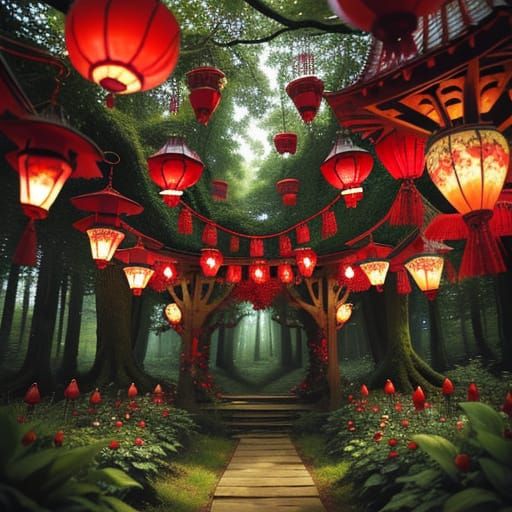 Enchanted Strawberry Forest with Hanging Lanterns