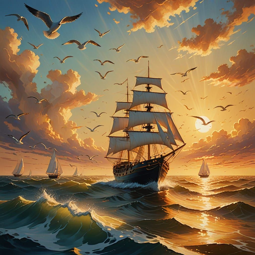 Golden Voyage: A Surreal Oil Painting at Sea