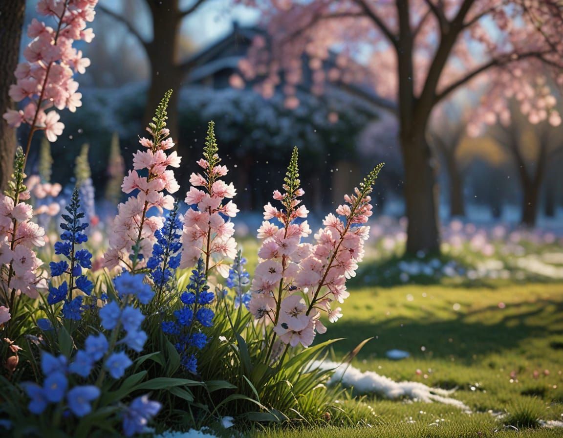 Cherry Blossoms and Delphiniums in Soft Focus