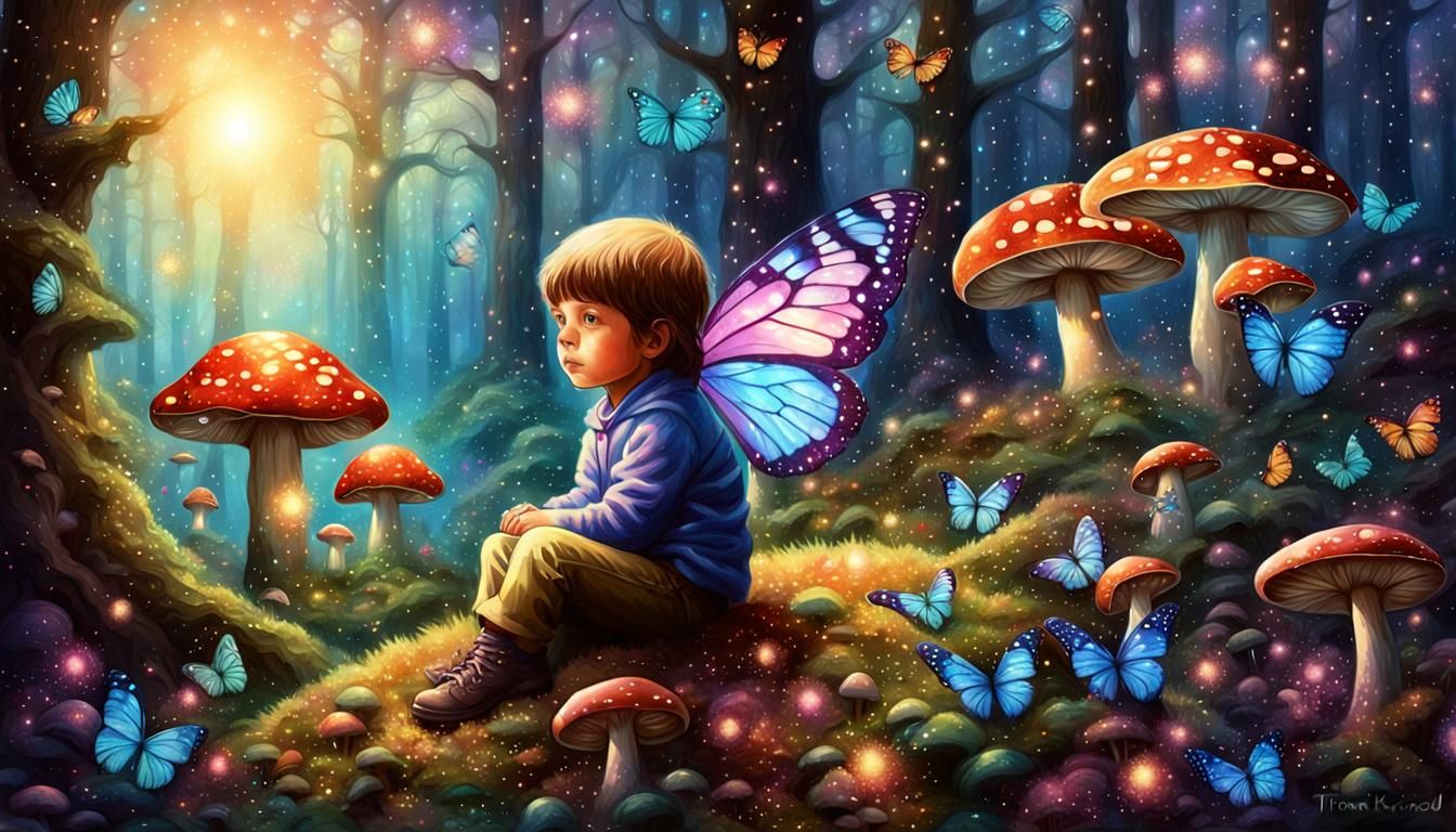 Ethereal Butterfly Child in Mushroom Forest