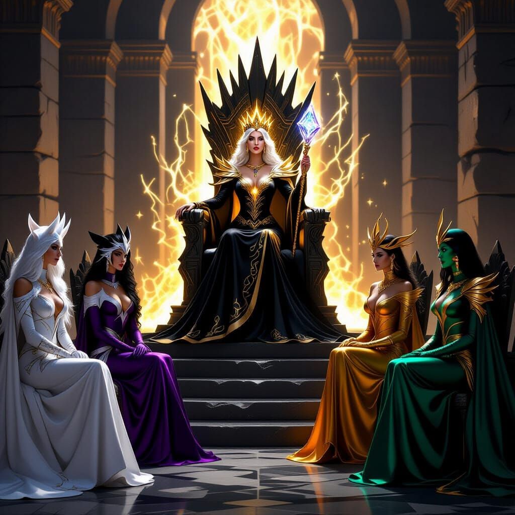 Seven Queens Assembled in Ancient Stone Hall