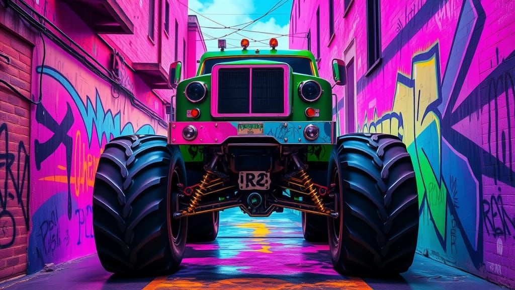 Synthwave Monster Truck in Neon Alleyway