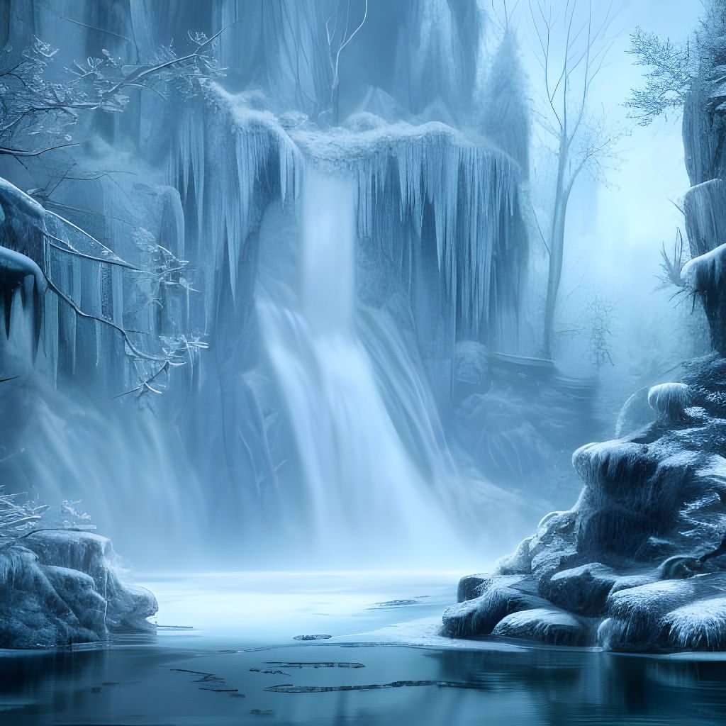 Frozen Waterfall in Snowy Woods: Fantasy Concept Art