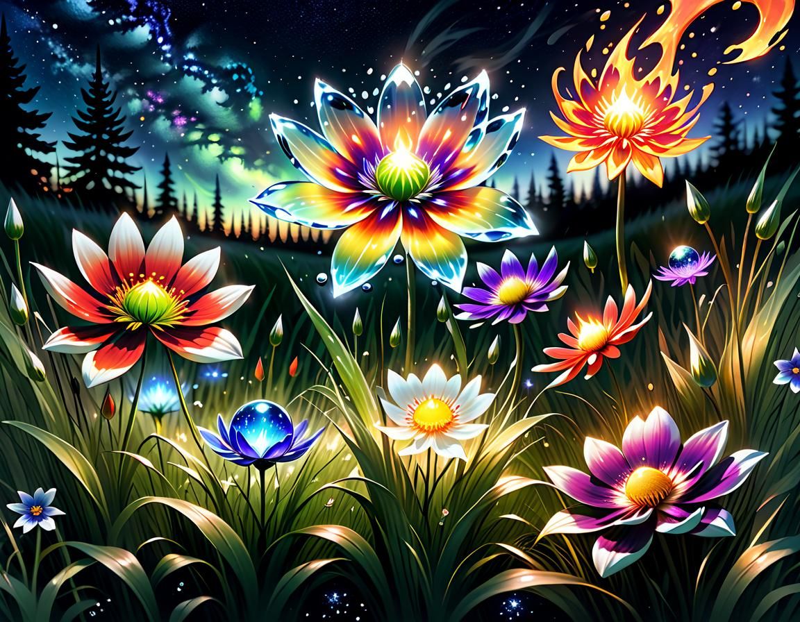 Elemental Aura Flowers Under Starry Night