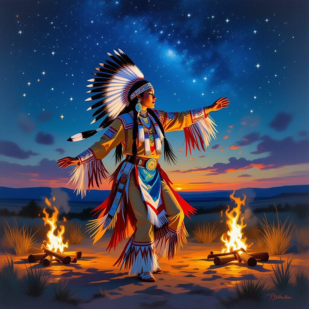 Native American Woman's Spiritual Dance Under Starry Sky