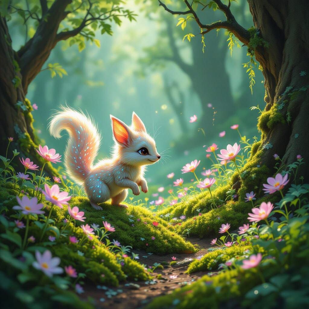 Playful Gidii Frolics in Sun-Dappled Magical Forest