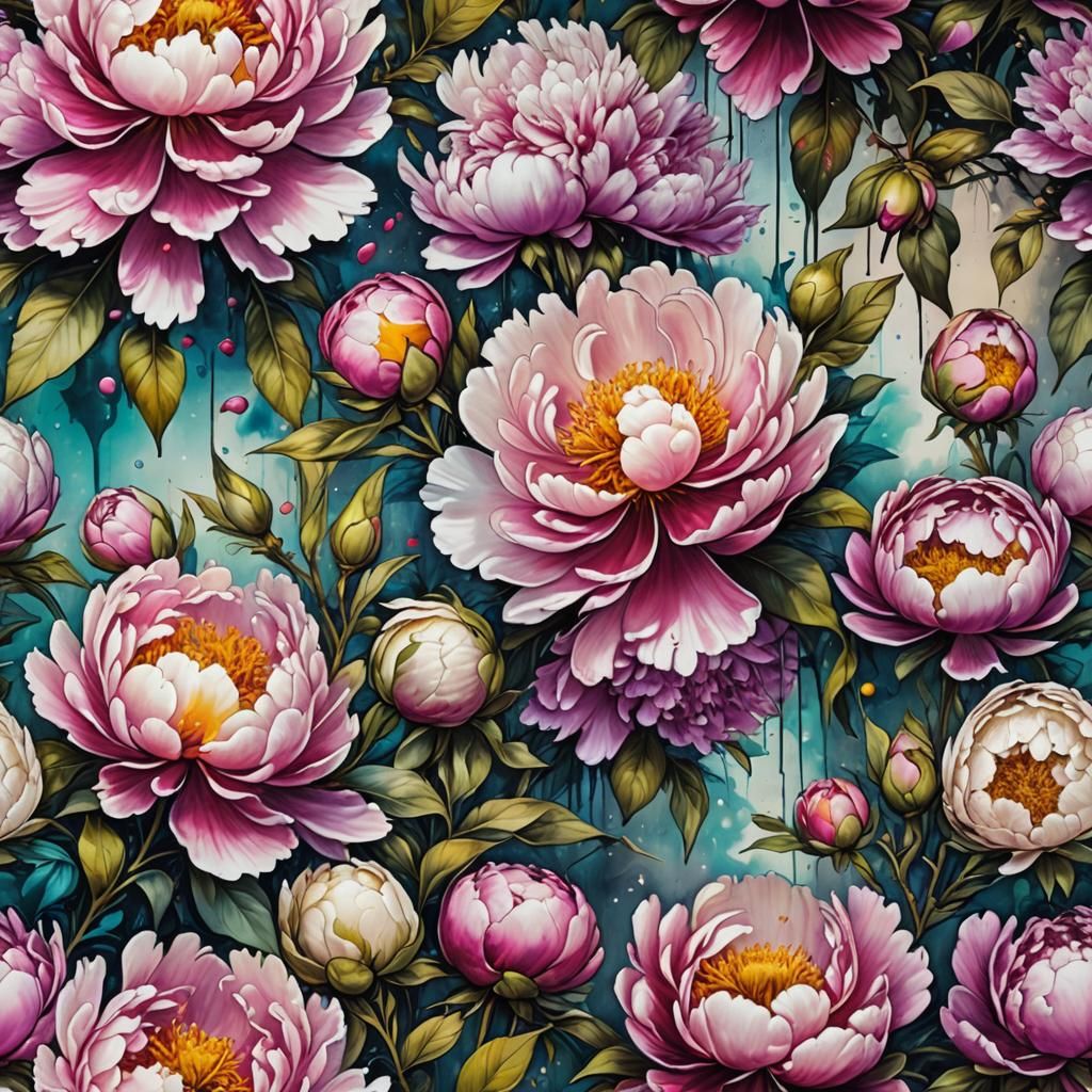 Colorful Peonies Garden in Graffiti Art Style