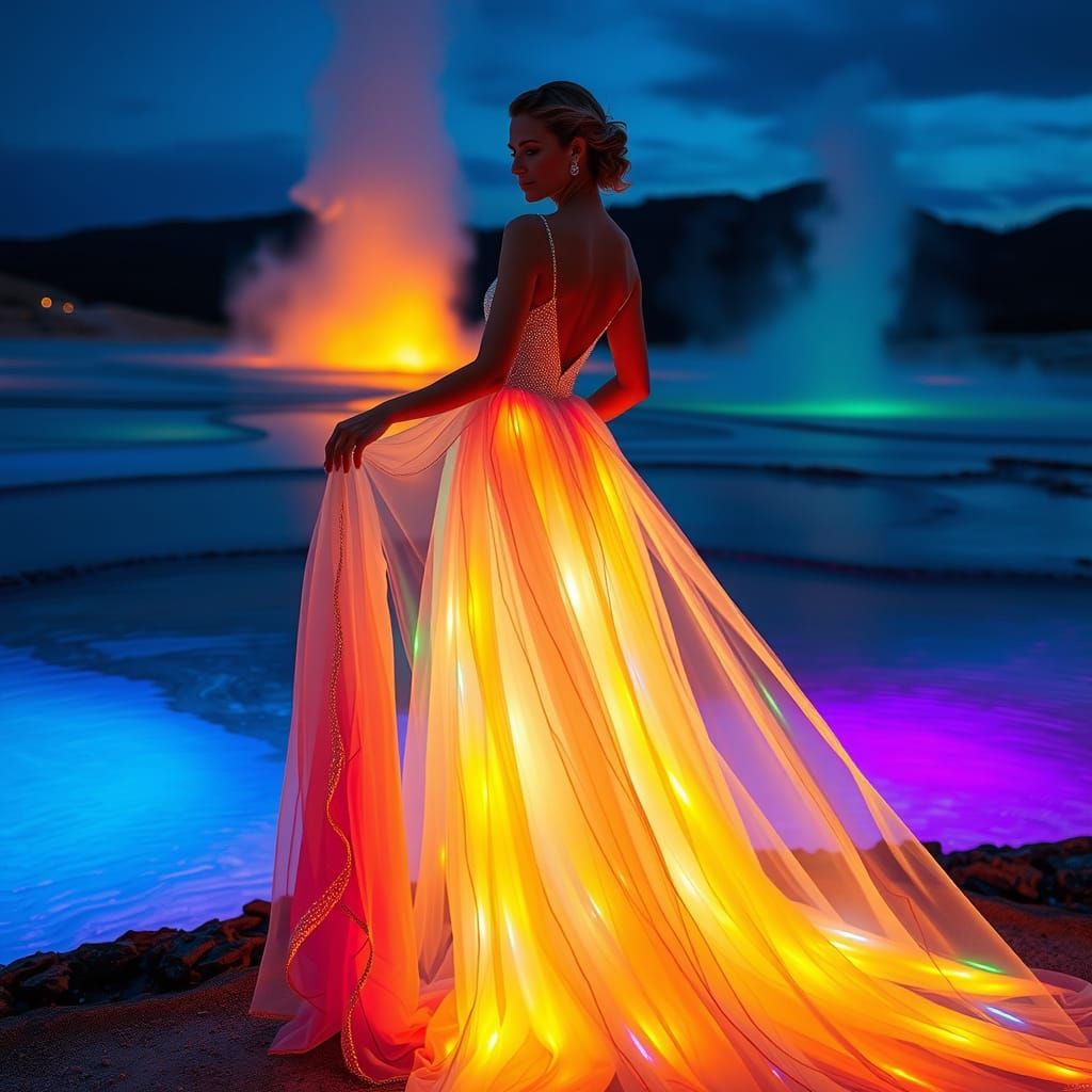 Elegant Woman in Rainbow Gown at Yellowstone Pond