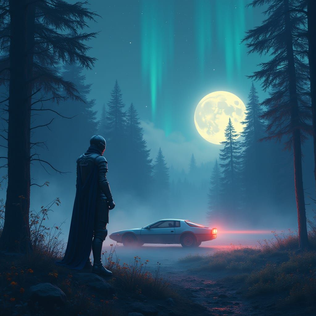 Futuristic Knight Surrounded by Ethereal Nature in Dreamy, S...