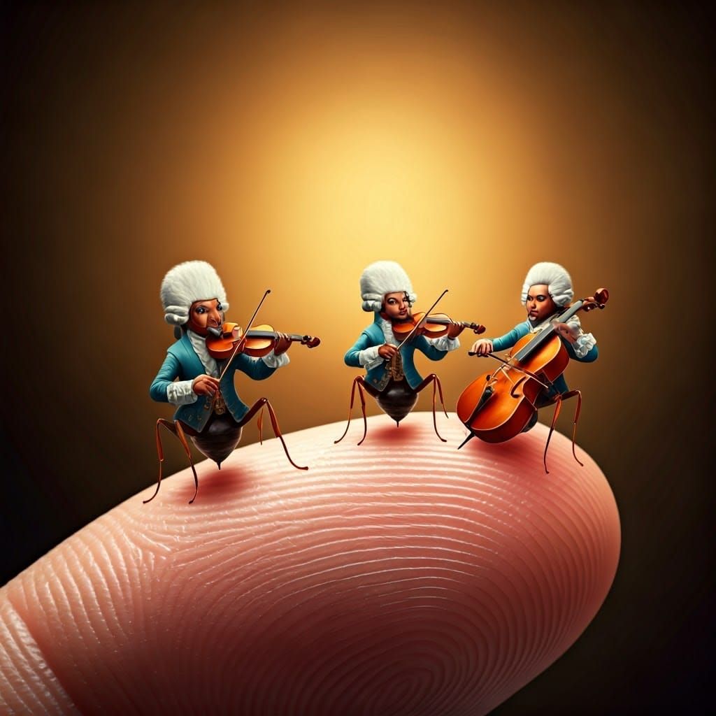 Ants in Baroque Attire Play a String Quartet on a Human Fing...