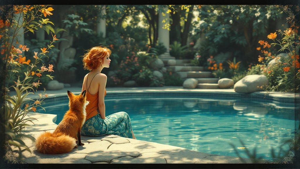 Art Nouveau Fox and Woman by Tranquil Pool in Vintage Photo ...
