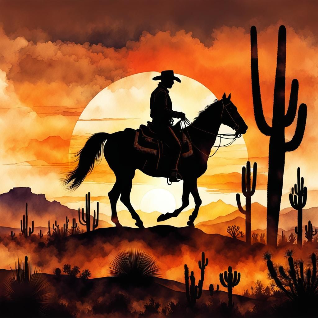 Cowboy Silhouette in Desert Sunset Watercolour
