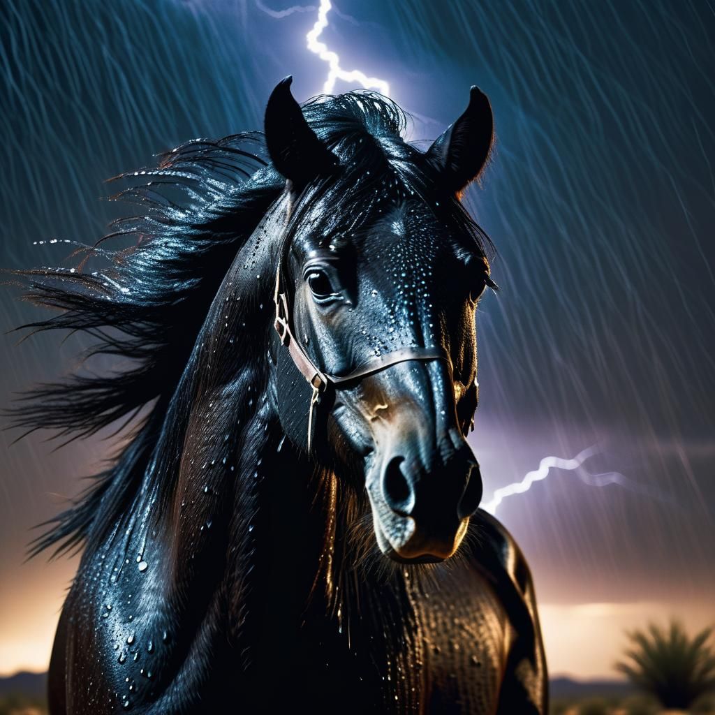 Black Stallion in Desert Rain: Cinematic Still