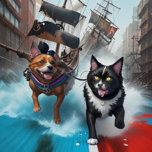 Dog and Cat Pirate Chase in Graffiti Art