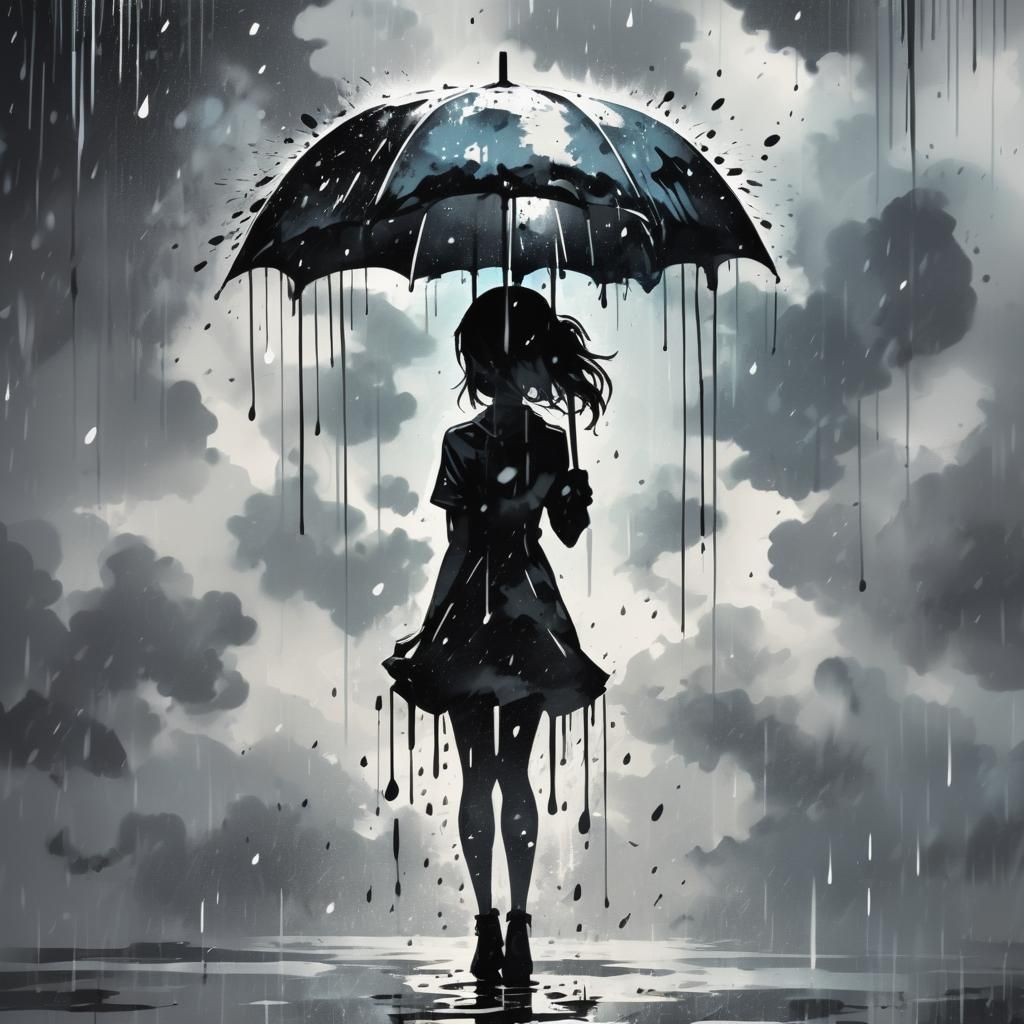 Ink Splash Art: Girl in Rain Silhouette