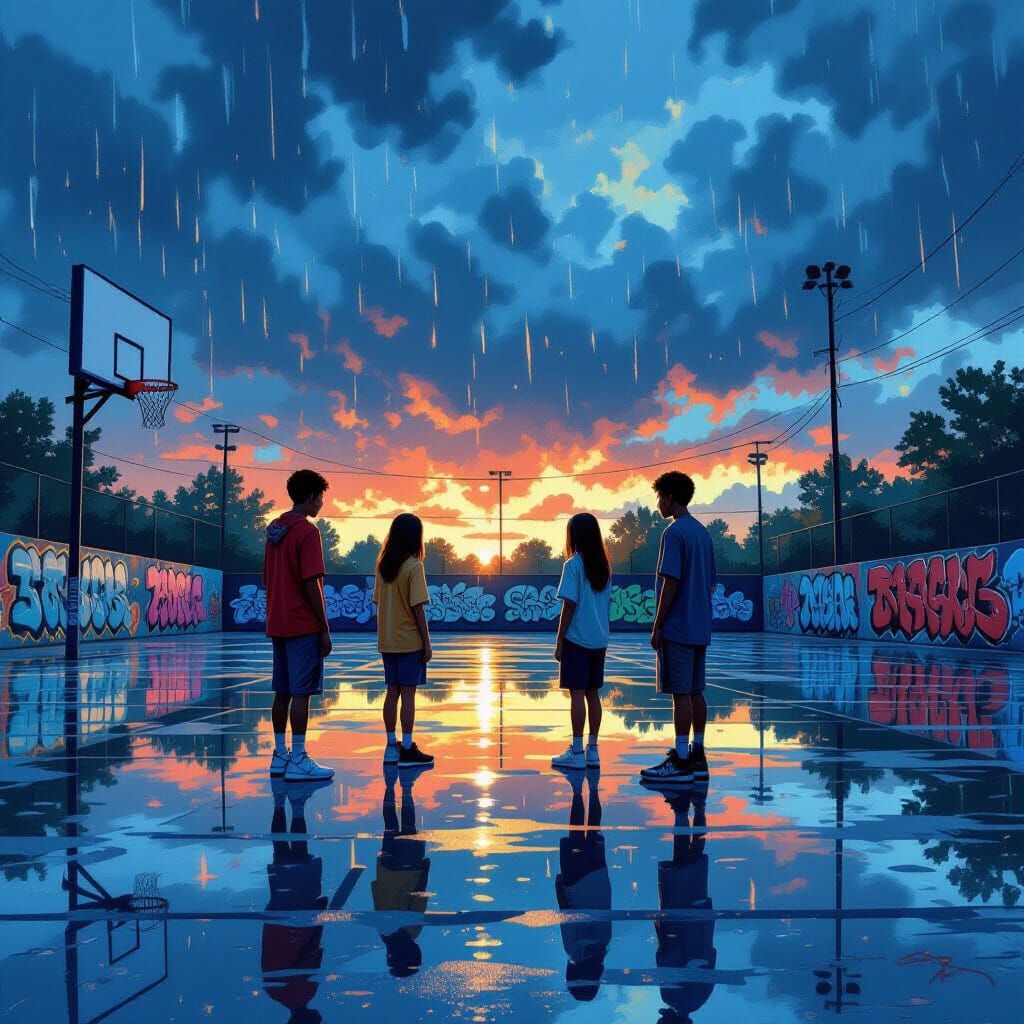 Flooded Graffiti Basketball Court in Urban Style