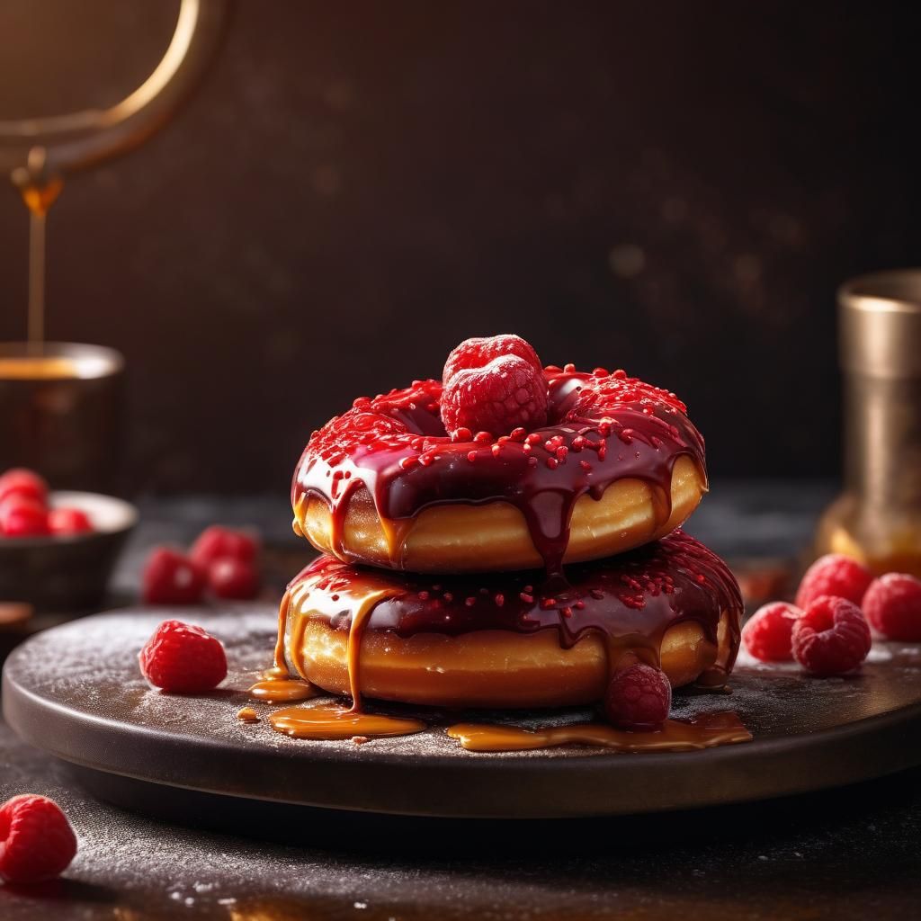 Delicious Donut with Glaze, Caramel, and Raspberries