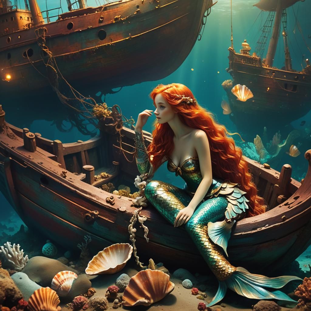 Mermaid by Sunken Ship, Magical Realism Style